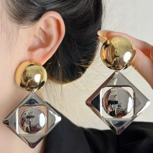 Retro Geometry Statement Earrings – Gold & Chrome Bold Drop